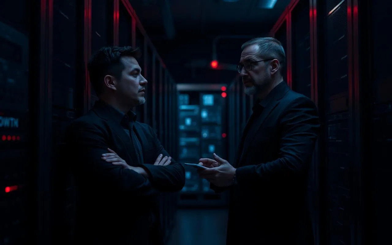 Two IT professionals in discussion beside a server rack