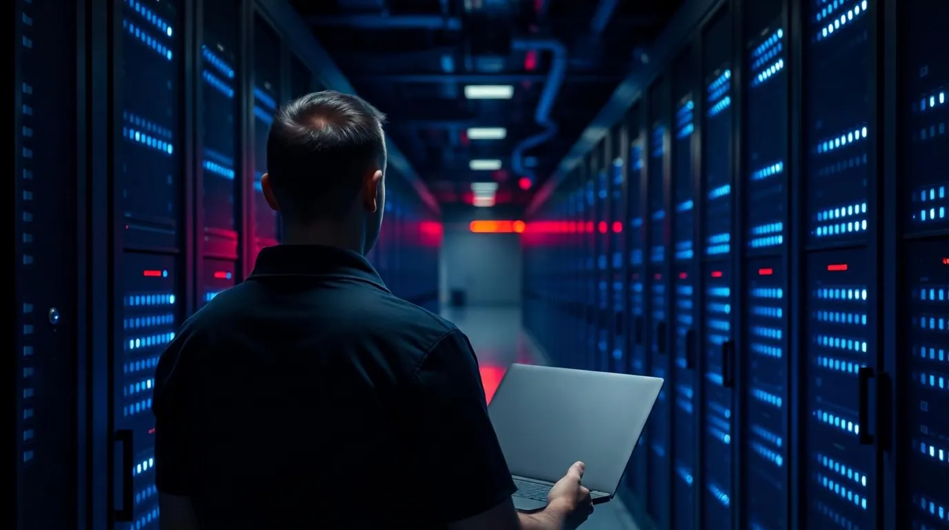 IT engineer with a laptop in a data center corridor