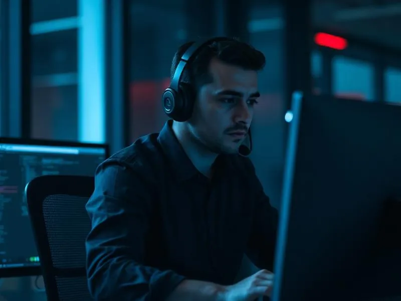 IT support engineer assisting a colleague at a workstation