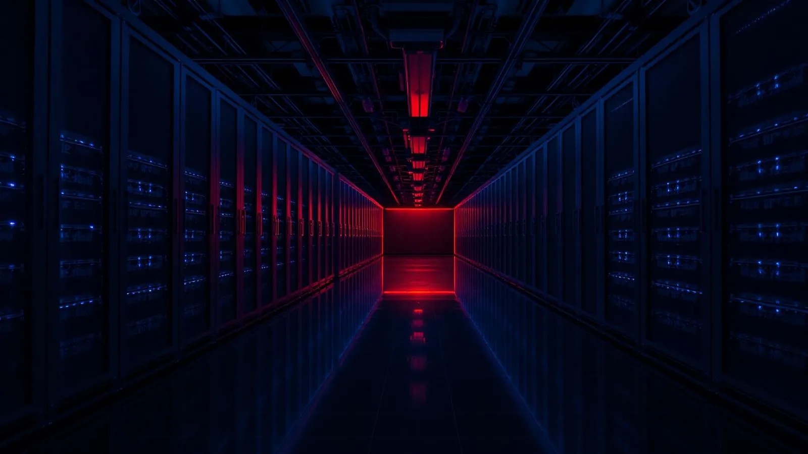 Data center aisle with rows of racks and blue LED lighting