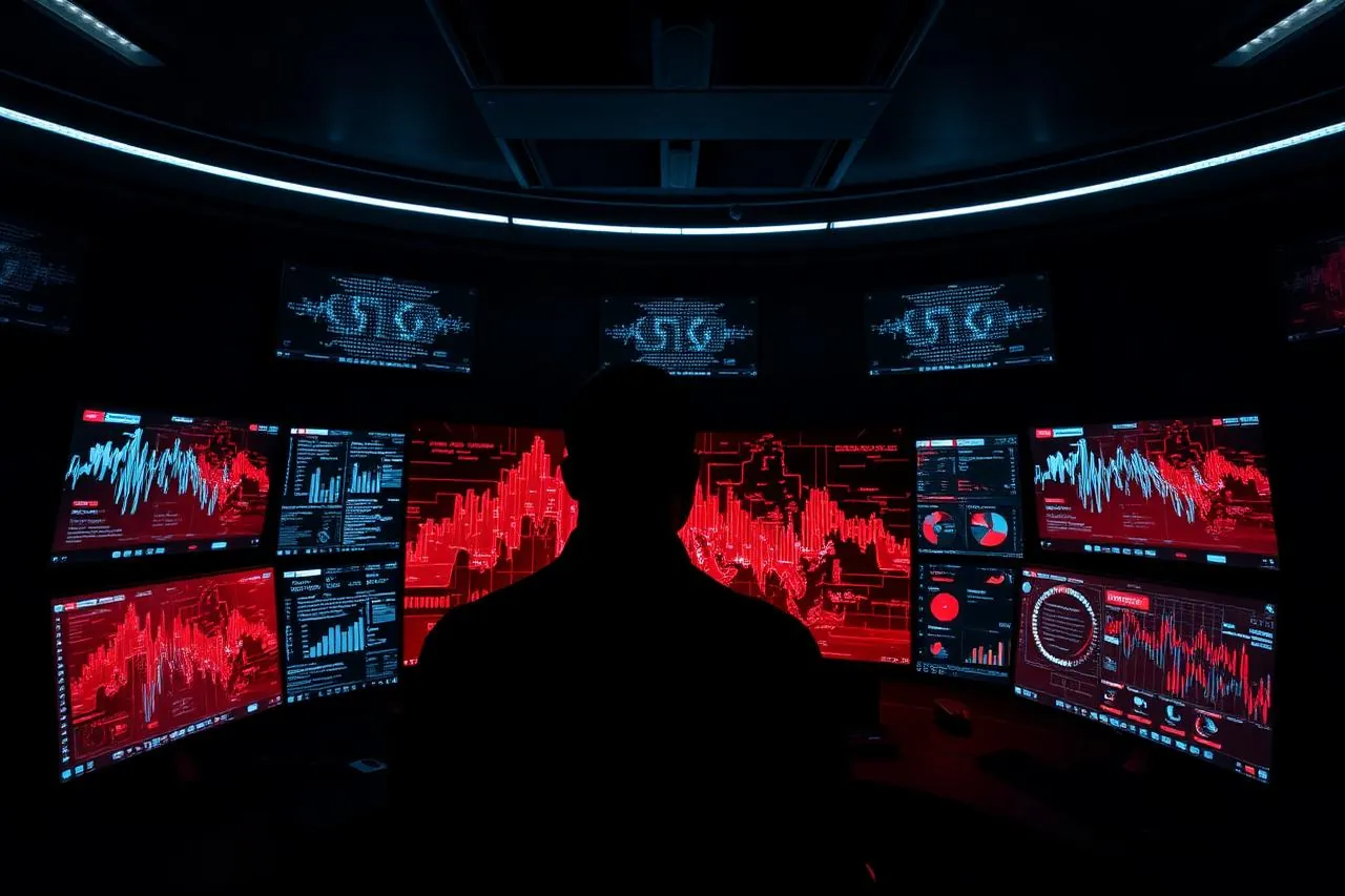 Security operations monitors in a dark control room