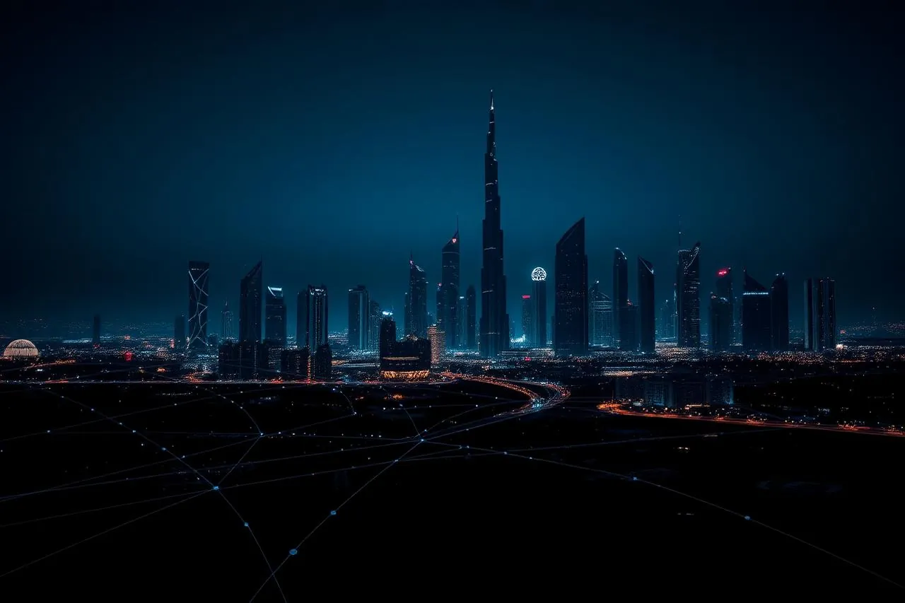 UAE skyline at night with digital network overlay