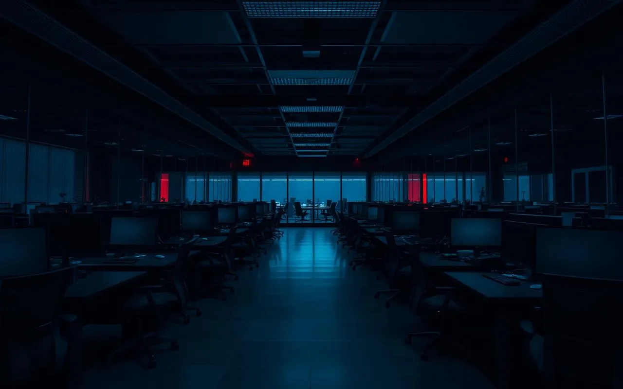 Corporate office floor at night with rows of workstations