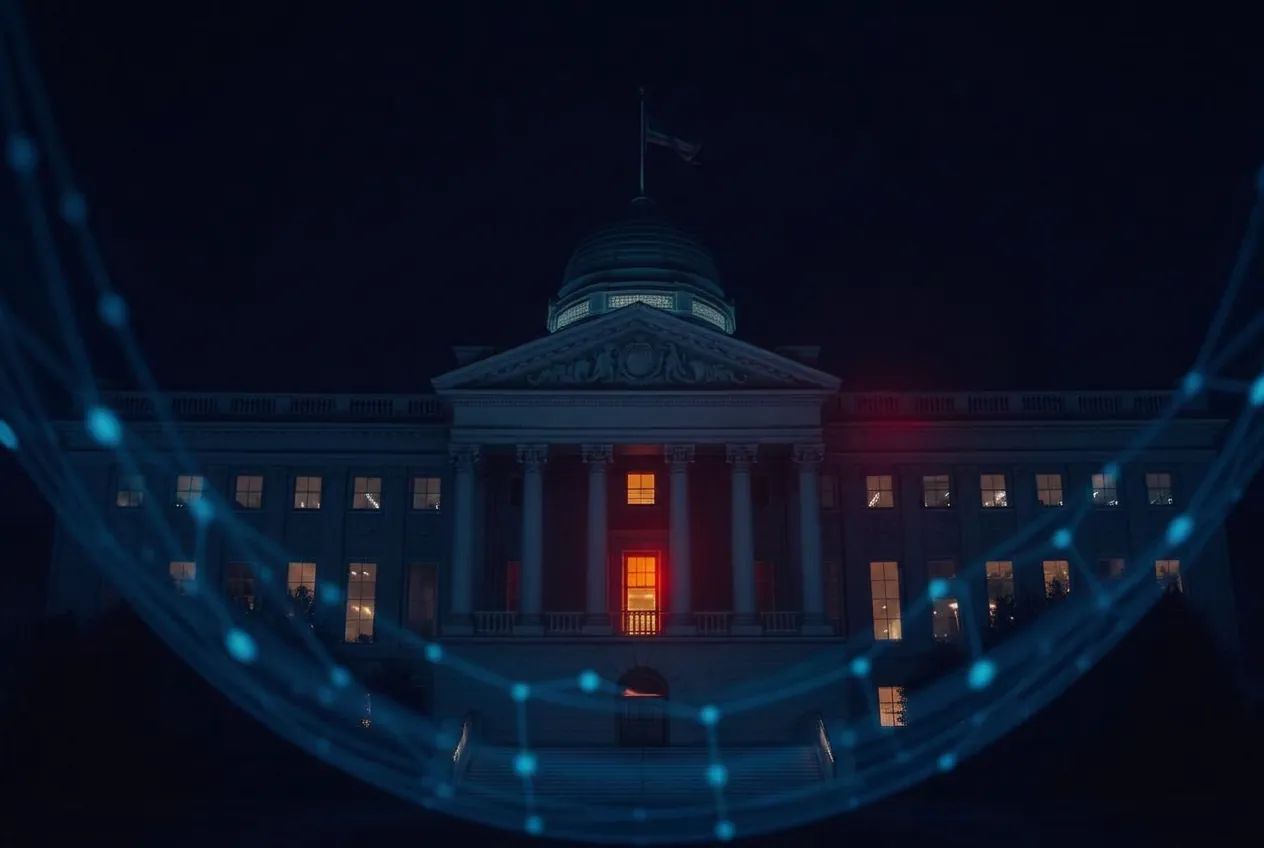 Government administration building at night with secure network overlay