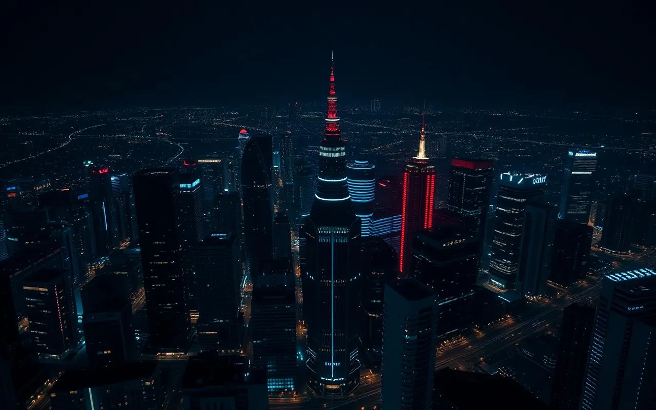 City business district towers connected by a network mesh at night