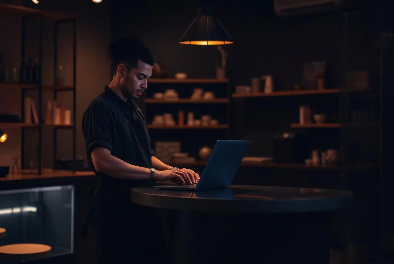 Small business owner working on a laptop in a boutique workspace
