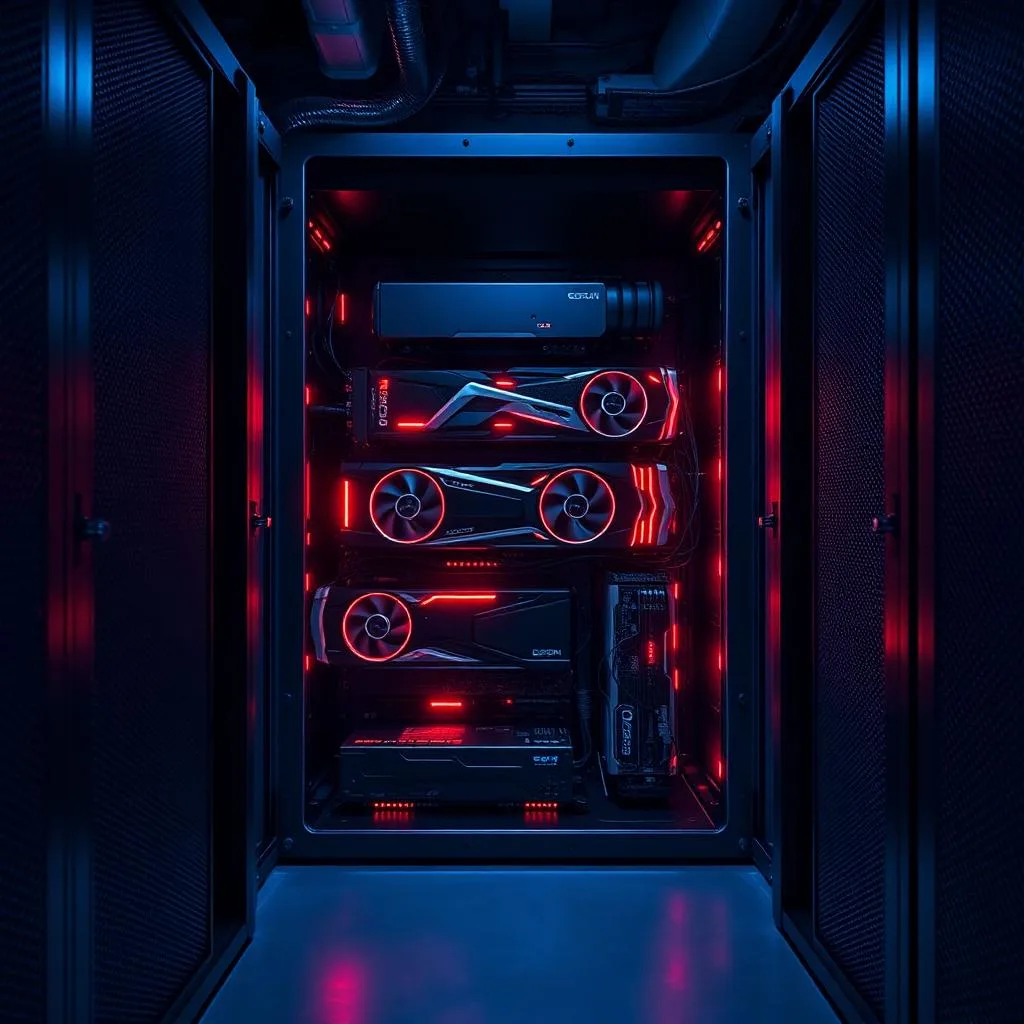 High-performance GPU server with glowing components in a dark rack