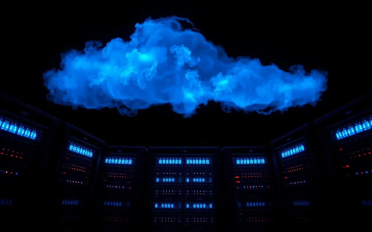 Cloud hologram above server racks with blue lighting