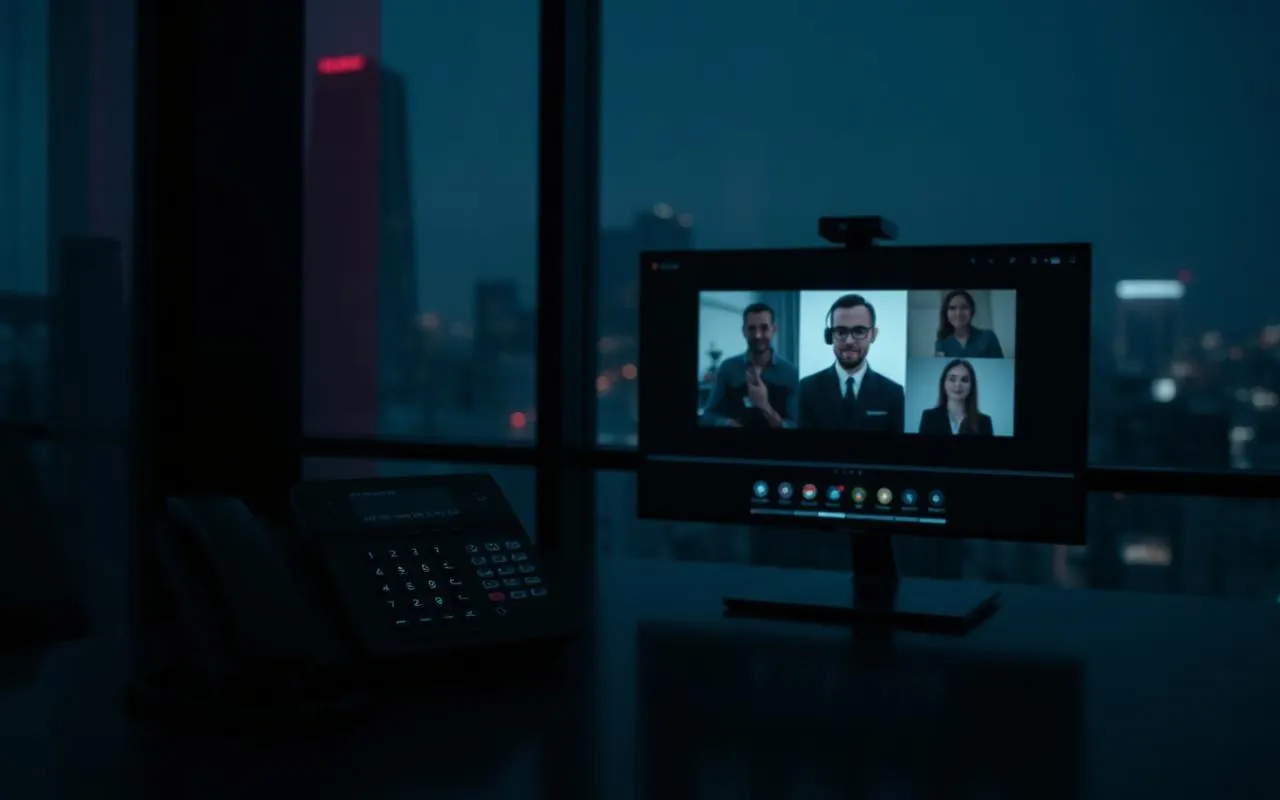 IP desk phone and video conferencing in a meeting room at night