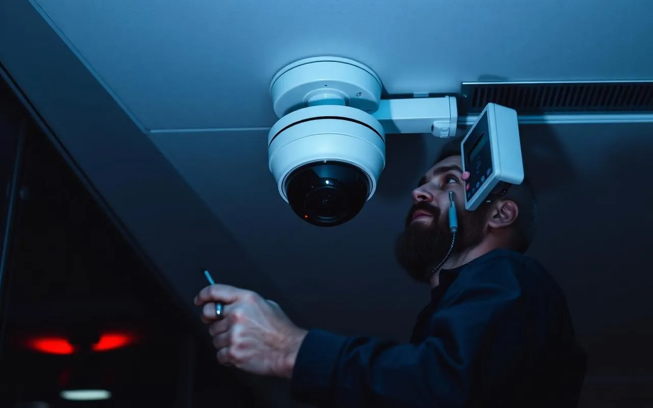 Technician installing a professional CCTV security camera