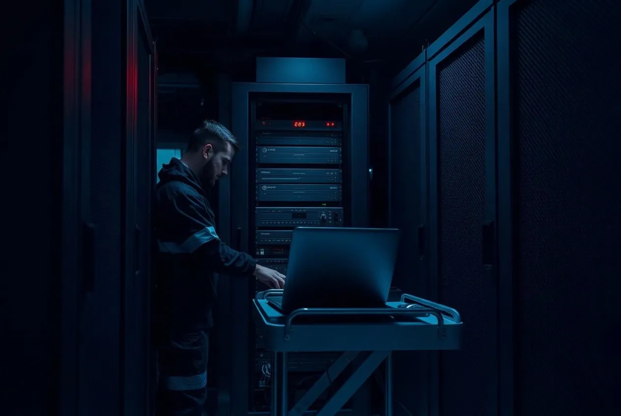 IT engineer configuring equipment inside a server rack