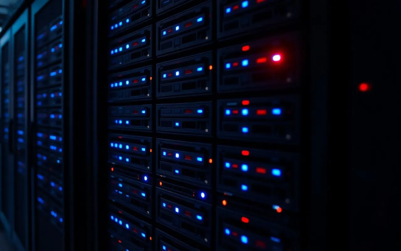 Enterprise server rack with rows of drives and status LEDs